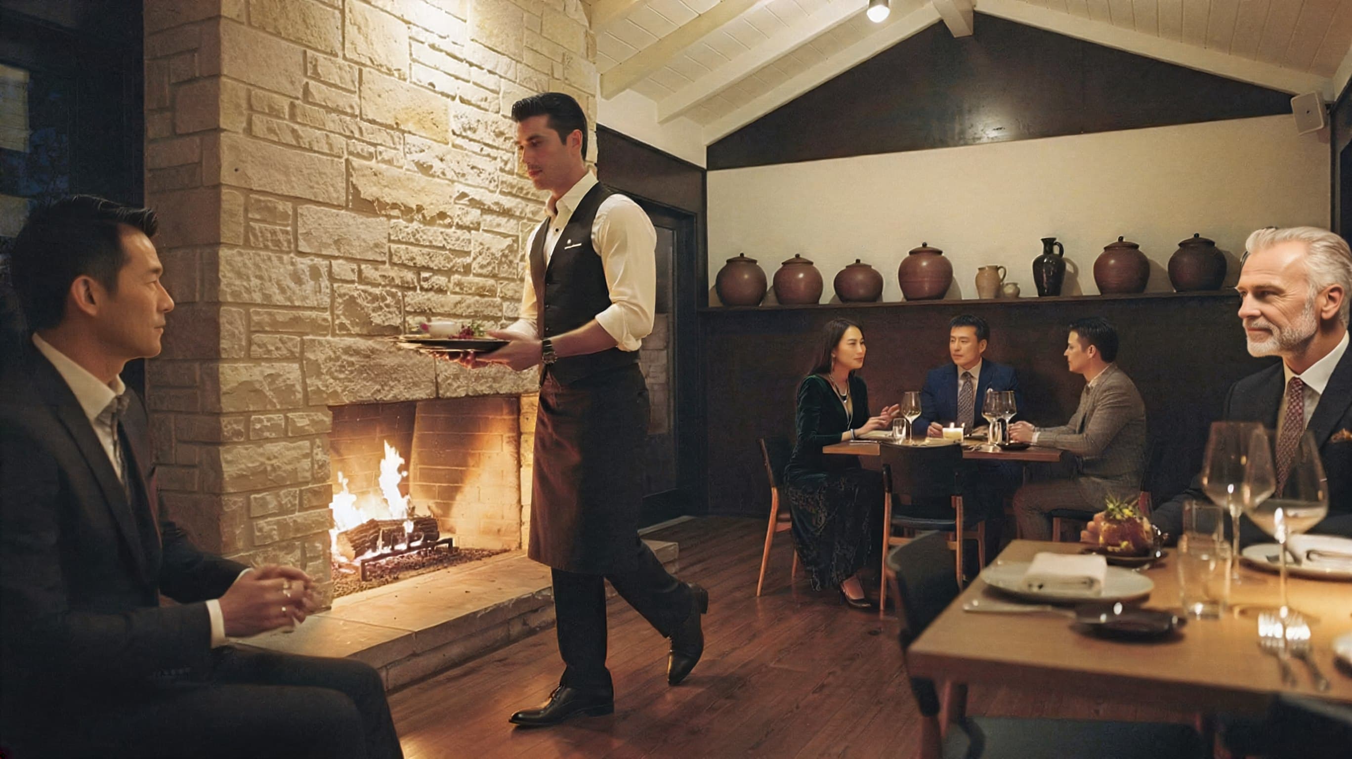 The Sŏn dining room at dinner with a stone fireplace, vaulted ceiling, onggi vessels on the shelf, and a server crossing the floor